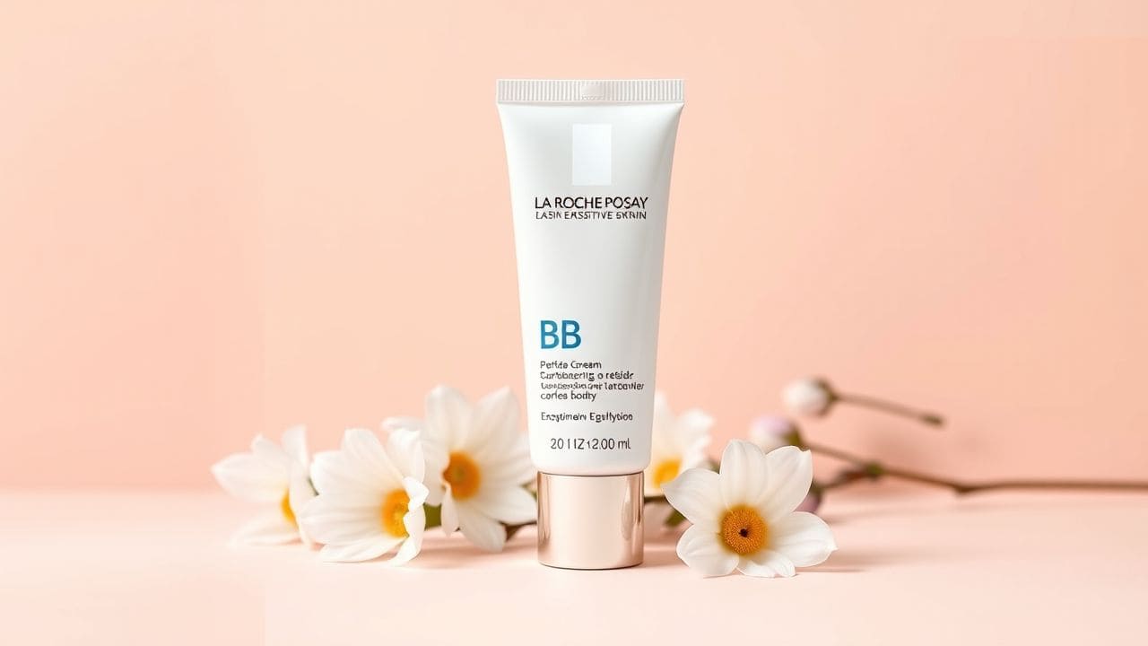 Een La Roche-Posay BB cream tube tussen bloemen op een pastelachtergrond.