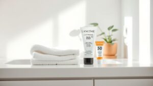 Een badkamer ijdelheid met cosmetica en handdoeken, creëert een rustgevende sfeer.