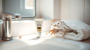 Een schone badkamer met L'Oreal BB Cream, gedroogde bloemen en een zachte handdoek.