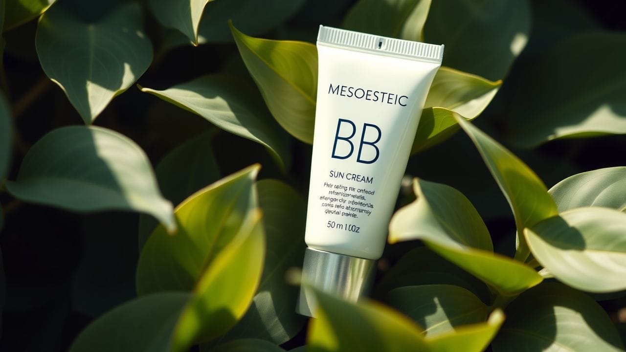 Een moderne tube Mesoestetic BB Cream in een tuinomgeving.