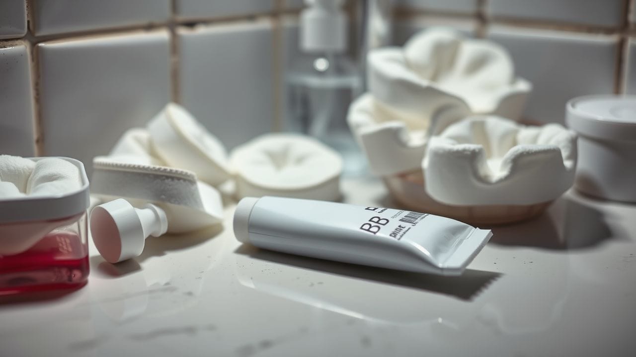 Een rommelige badkamer met een lege BB cream tube en make-up remover.