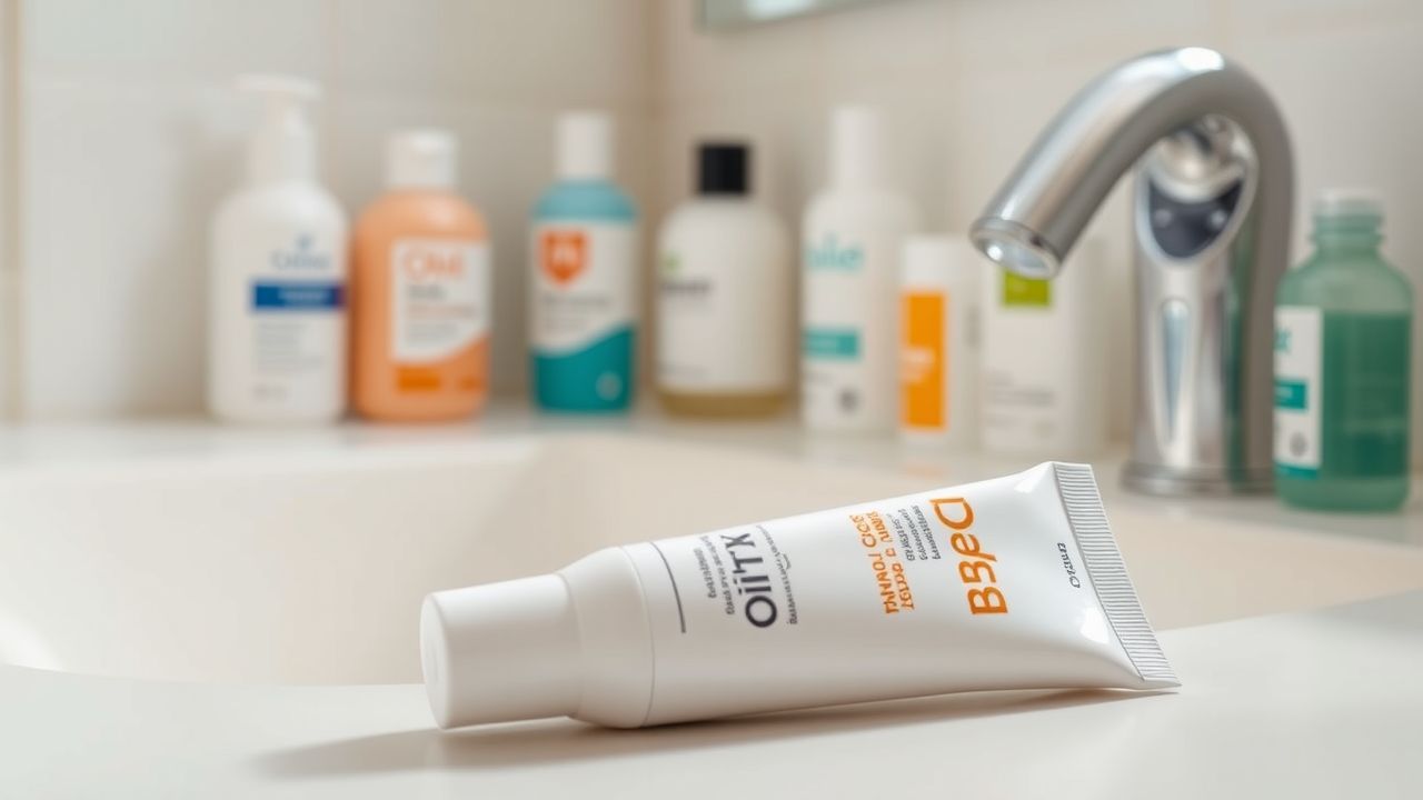 Een open tube Olaz BB cream op een schone badkamer toonbank.