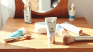 Een halfopen tube Purito BB Cream omringd door huidverzorgingsproducten en make-upborstel.