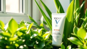 Een tube Vichy BB Cream tussen groene planten, natuurlijke en uitnodigende setting.