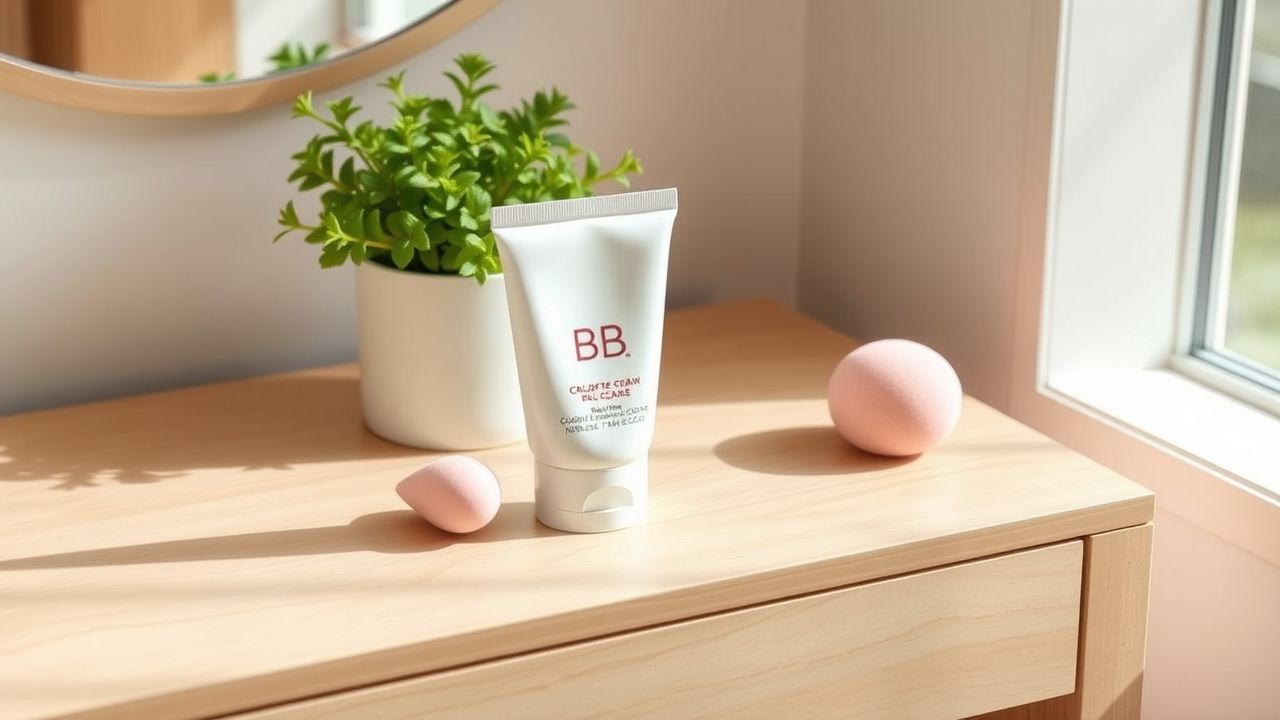 Een minimalistische make-up setup met BB cream en plant.