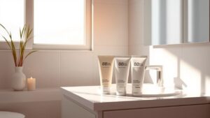 Een opgeruimde badkamer met verschillende tinten BB cream tubes.