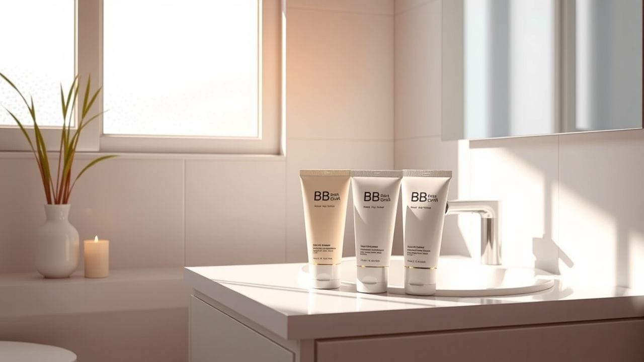 Een opgeruimde badkamer met verschillende tinten BB cream tubes.